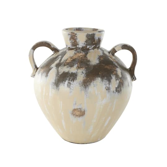 16" Cream Ceramic Antique Style Pot Vase with Arched Handles